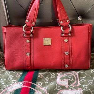 MCM Red Leather Tote Bag